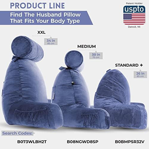 Husband Pillow Medium Reading Pillow with Arms - 23" Backrest for Sitting Up in Bed - Firm Support Bed Rest Pillow for Adults, Neck Roll, Removable Cover - TV, Reading, Lounging - Dark Blue