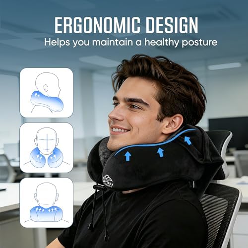 SkytraxComf® Travel Neck Pillow with Hood for Privacy on Long Flights