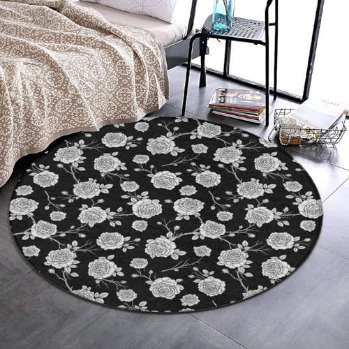 Men's Large Home Decor Mat, Soft Round Yoga Carpet, Non Slip Machine Washable Home Office Circle Rug Black Roses Pattern, 24inch