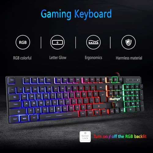 BlueFinger RGB Gaming Keyboard and Backlit Mouse Combo, USB Wired, LED Gaming Set for Laptop PC Computer Game and Work