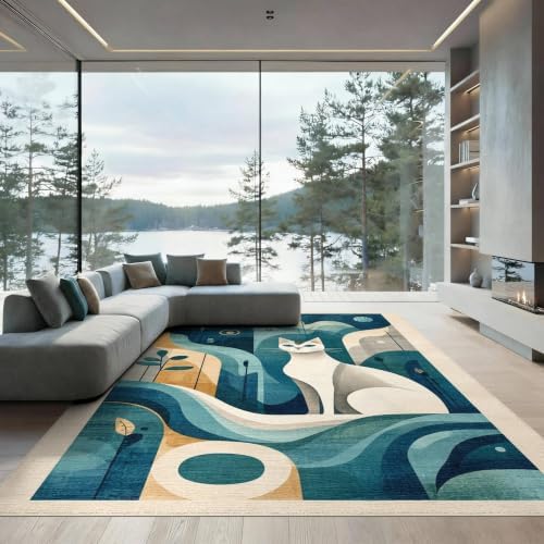 8'x10' Teal Blue Cat Boho Abstract Design Washable Area Rug