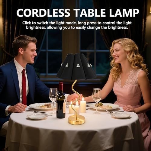 Cordless Rechargeable LED Table Lamp, Portable Desk lamp Battery, 3 Color Stepless Dimming with Memory Function, Suitable for Outdoor, Dinner, Patio & Restaurant. (Black with Diamonds)