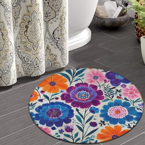 Women's Large Home Decor Mat, Soft Round Yoga Carpet, Non Slip Machine Washable Home Office Circle Rug Boho Floral Blossom