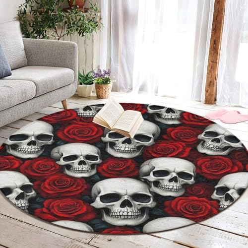 Large Home Decor Mat, Soft Round Yoga Carpet, Non Slip Machine Washable Home Office Circle Rug Floral Horror Rose Skull