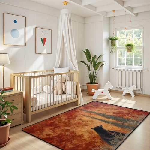 Nature Inspired Bear Pine Scene Warm Earthy Tones Area Rug Outdoor Patio Rug Play Mat Modern Floor Carpet Non-Slip Home Decor Living Room Kids Bedroom Nursery, 3x5 ft