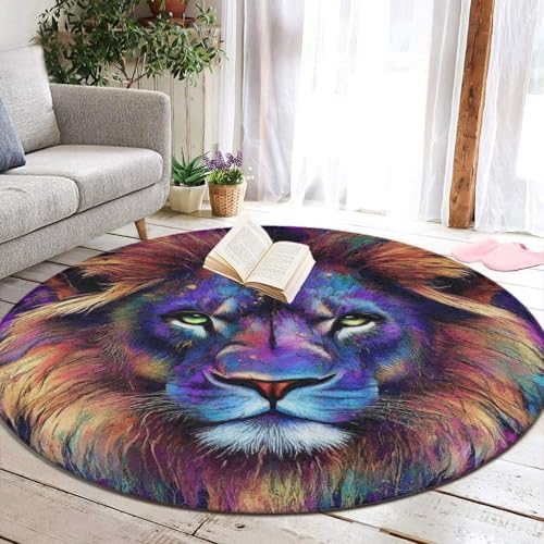 Home Decor Non Slip Kitchen Office Circle Rug, Machine Washable Modern Round Area Rug, Room Sofa Yoga Soft Round Carpet Trippy Animal King Cool Lion Art, 24inch