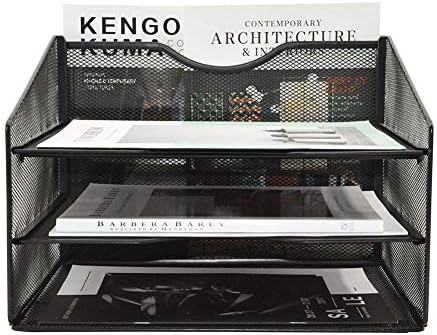 EASEPRES Mesh Desktop File Organizer, Document Mail Desk Folder Holder with 3 Paper Letter Tray and 1 Vertical Upright Compartment for Office Supplies, Desk Accessories & Workspace, Black