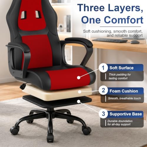 PayLessHere Gaming Chair Ergonomic Office Chair Computer Chair with Lumbar Support Ergonomic Pu Leather Adjustable Height Executive Chair for Women Men and Adults,Red