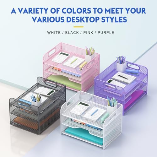 Samstar 3 Tier White Letter Tray Paper Organizer with Handle, Mesh Desk Organizer Paper Sorter File Rack Shelves, White