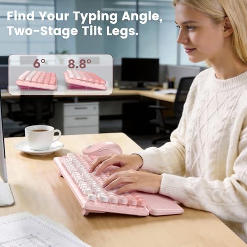 Wireless Keyboard and Mouse Combo, Magnetic Soft-Touch Wrist Rest, Pink
