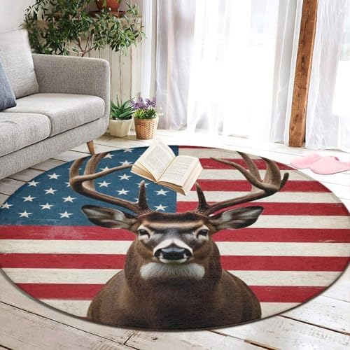 Large Machine Washable Circular Rugs, Home Decor Round Mat for Living Room Sofa Office American Flag Deer