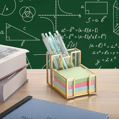 BTSKY Golden Glass 3x3 Inch Sticky Note Holder with Pen Slot