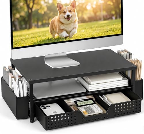 ECOLOVI Desk Organizer and Accessories, 2-Tier Computer Monitor Stand Rise with Storage Drawer & 2 Pen Holders, Laptop & Printer Stand for Desktop, Workspace Organizers for Office Supplies (Black Wood)