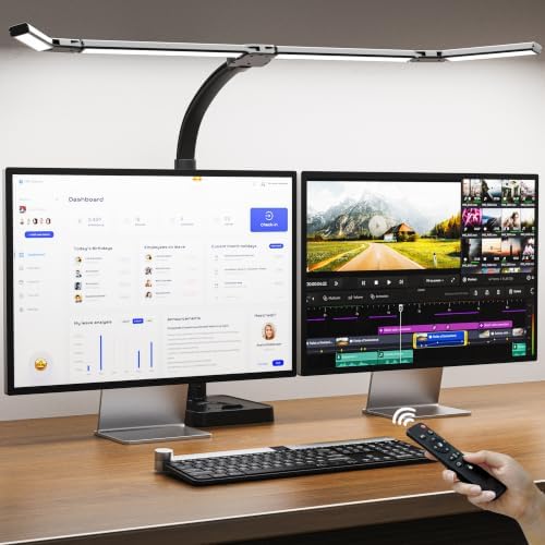 LED Desk Lamp for Home Office, Eye-Caring Desk Light with Remote,Adjustable Flexible Gooseneck,1800LMUltra Bright Table Lamp with Base for Study, Read (Black) (Plus)