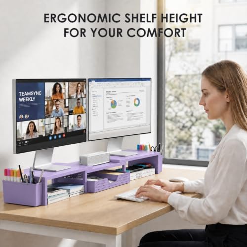 OPNICE Desk Organizers and Accessories, Dual Monitor Stand Riser with Drawer and 2 Pen Holders, Desk Shelf Printer Stand for Office Workspace Organizers, Desktop Organization (Purple)