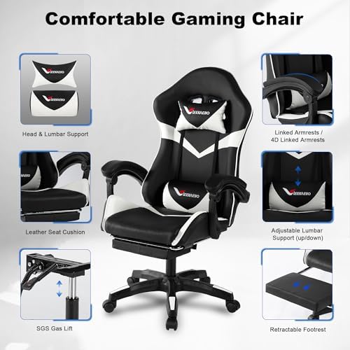 Gaming Chair for Adults, Ergonomic Computer Gaming Chair with Footrest & Lumbar Support, Height Adjustable 360° Swivel Reclining Home Office Desk Chair (Black & White)