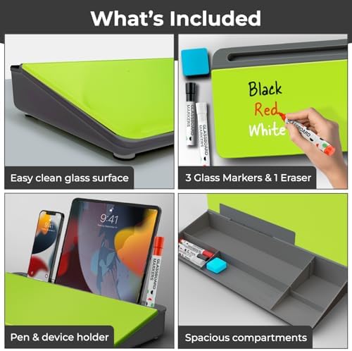 Chalkola Neon Green Glass Desktop Whiteboard with Storage - Dry Erase Board