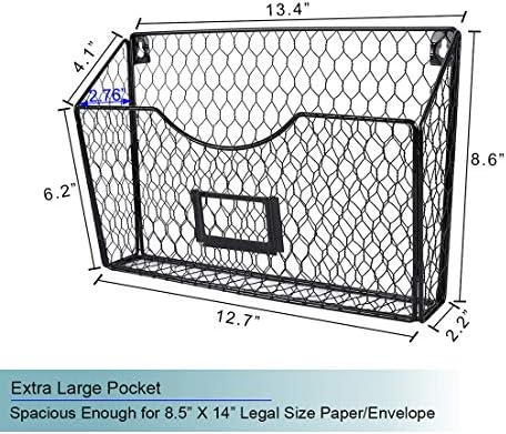 PAG-Mass 3 Pockets Hanging File Holder Wall Mount Mail Organizer Metal Chicken Wire Magazine Rack with Tag Slot, Black