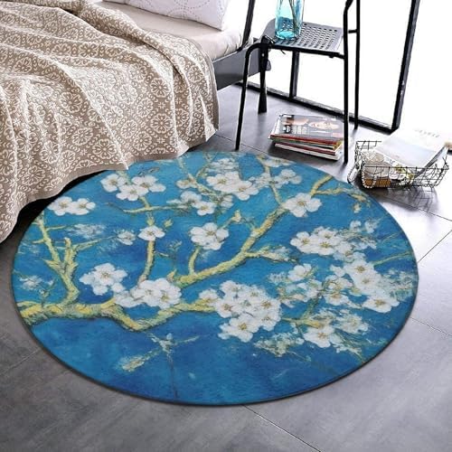 Machine Washable Modern Round Area Rug, Room Sofa Yoga Soft Round Carpet, Home Decor Non Slip Kitchen Office Circle Rug Beautiful Apricot Flower Blossom Art, 36inch