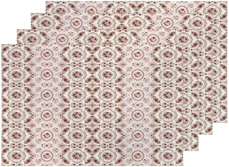 Shrahala Vintage Victorian Floral Set of 4 12 X 18 Inch Linen Placemats, Ornate Rose Scroll Burlap Table Mat Washable Double Layered Heat Insulation for Indoor