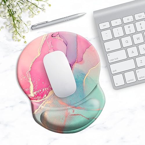 Ergonomic Mouse Pad with Support - Comfortable Wrist Rest, Non-Slip PU Base for Home Office, Studying, Gaming (Pink Green Marble)