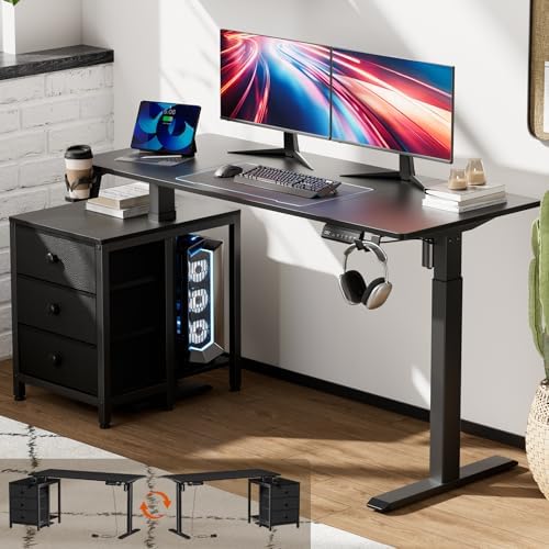 REAHOME 55 Inch Black Electric Height Adjustable Standing Desk with Drawers