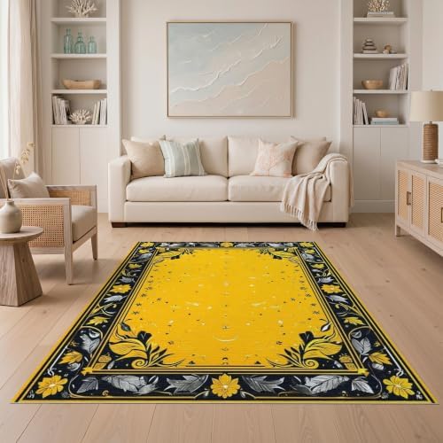 5'x7' Yellow Black Cat Golden Feline Motif Washable Area Rug