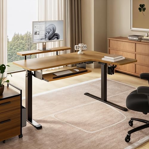 EUREKA ERGONOMIC L Shaped Standing Desk w Solid Wood Tabletop,61" Electric Corner Computer Desk, Adjustable Height Desk w Keyboard Tray,Dual Motor,LED Monitor Stand,Right/Oak