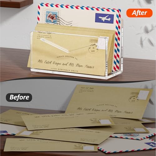 FUCDTEFC Acrylic Mail Holder, Clear Acrylic File Letter Organizer, Vertical Envelope Mail Holder for Desk, Lightweight Countertop Bill Holding Sorter Letter Invoice Stand for Home Office School