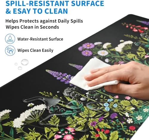 Extended Wildflower Meadow Desk Mat, XXL Large Gaming Mouse Pad, Florals Weeds Stitched Edges Waterproof with Non-Slip Rubber Base for Computer Keyboard Laptop Work Home Office 35.4"x15.7"