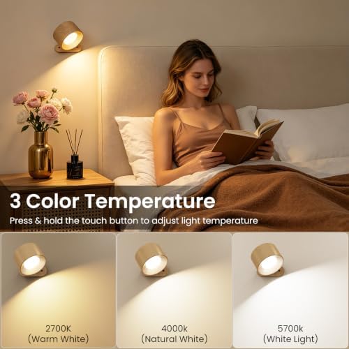Koopala 2PACK LED Wall Lamps with Rechargeable Battery Operated, Wall Mounted Lights with 3 Brightness 3 Color Temp Removable Charging 360°Rotate Magnetic, Cordless Wall Sconces for Reading Bedside