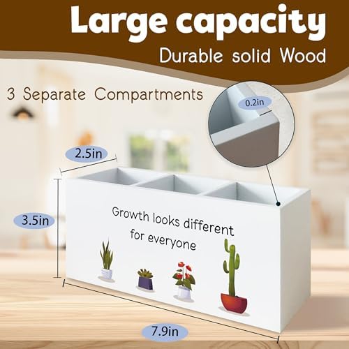 Growth Looks Different for Everyone Inspirational Mental Health Pen Holder for Desk, Motivational Plant Wooden Pen Pencil Holder Organizer for Therapist Counselor Office Desk Accessories