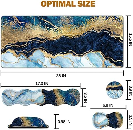 Upgraded Extended Gaming Mouse Pad, Keyboard Wrist Rest Pad, Wrist Support Mousepad Set, Artso Large Stable Rubber Base Stitched Edges, Multifunctional Desk Pad (35 x15.5 in), Blue Marble