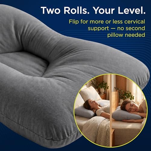 Next-GEN Premium Neck & Cervical Pillow – Breathable Fiber Fill Orthopedic Neck Support for Pain Relief – Dual Cervical Roll for Back & Side Sleepers – Latex Free – Midsize 22"x15" Grey