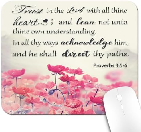 9.5x7.9 Inch Office/Gaming Mouse Pad, Trust in The Lord with All Thine Heart, Inspirational Bible Verse Scripture Quote Amidst a Serene Field of Pink Flowers Cute Anti-Slip Mat for Desk