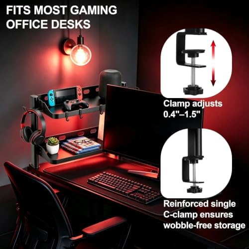 Clamp On Desk Shelf Organizer, 2-Tier Storage with Hooks