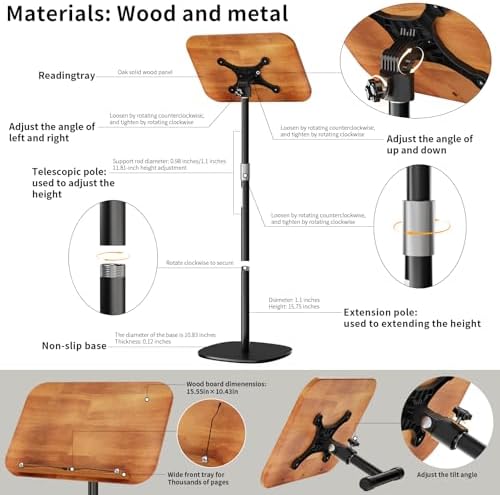 Adjustable Floor Book Stand with Wood Panel for Hands Free Reading