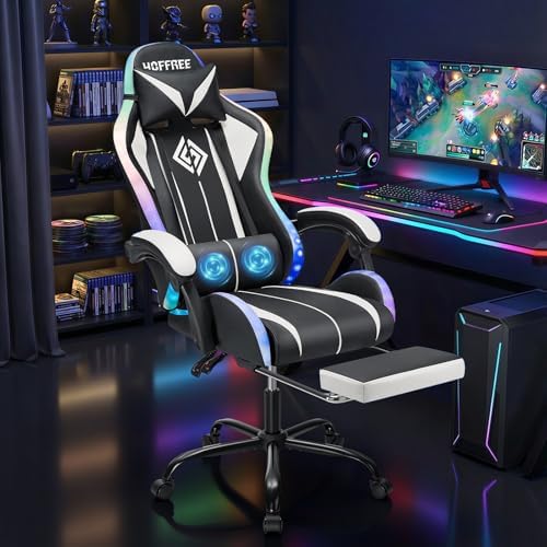 HOFFREE LED Gaming Chair with Massage RGB Lights Computer Game Chair-White