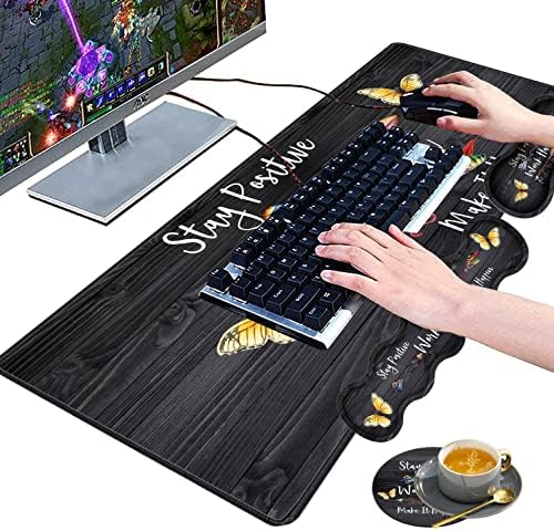 Large Gaming Mouse Pad, Keyboard Wrist Rest pad + Mouse Wrist pad + Coaster Set Extended Waterproof Non-Slip Table mat Suitable for Home Office - Stay Positive Work Hard and Make It Happen