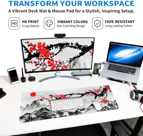 Extended Sakura Zen Desk Mat, XL Large Gaming Mouse Pad, Japanese Cherry Blossom Stitched Edges Waterproof with Non-Slip Rubber Base for Computer Keyboard Laptop Work Home Office 31.5"x11.8"