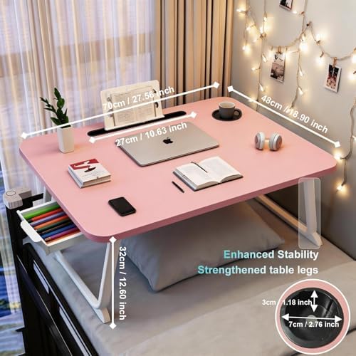 27.6" Home Office Folding Lap Desk with Drawer, Tablet Slot, Cup Holder - Fits up to 18 Inch Laptops, Bed Desk for Reading, Writing, Eating, Portable Laptop Table for Sofa, Coach, Floor (Pink)