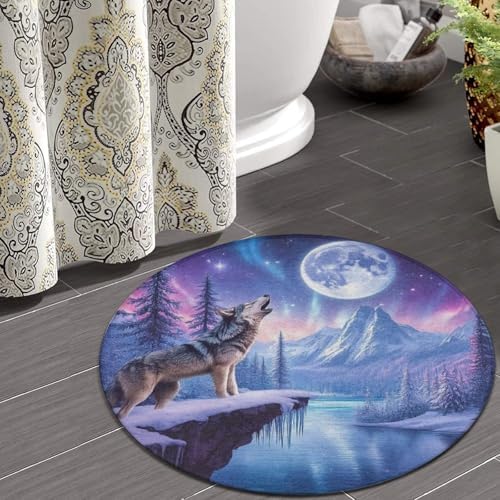 Home Decor Non Slip Kitchen Office Circle Rug, Machine Washable Modern Round Area Rug, Room Sofa Yoga Soft Round Carpet Snow Full Moon Wolves Pink Art, 36inch