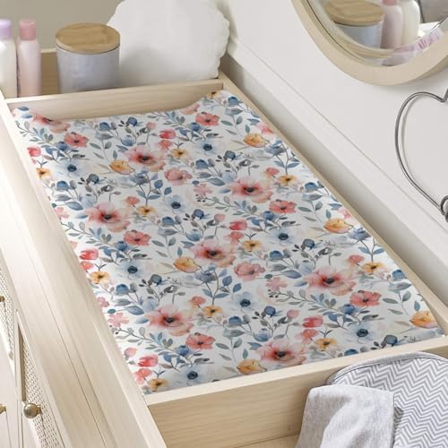 Colorful Watercolor Flowers Leaves Baby Changing Pad Cover, Unisex Floral Nursery Diaper Changing Table Pad Mat Sheet for Boys Girls-16x32