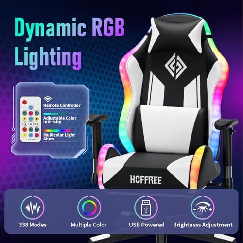 HOFFREE RGB Gaming Chair for Kids LED Computer Chair 155°Recliner-White