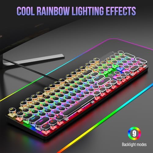 Typewriter Mechanical Gaming Keyboard with RGB Backlit Red Switches, 104 Keys Retro Round Keycap, Wired Typewriter Style Comfortable Typing Soud (L-Black)