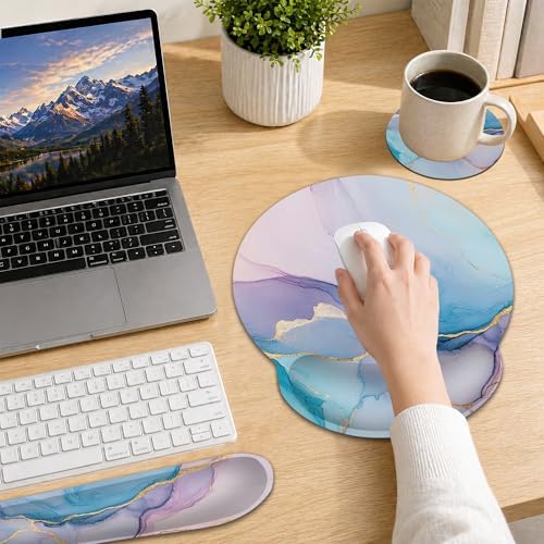 Pink Marble Wrist Rest Support for Mouse Pad Keyboard Set, Blue Gold Flowing Marble Mouse Pad with Non Slip Rubber Base for Home and Office Typing Support