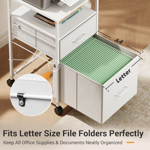 DEVAISE 2 Drawer Fabric Vertical Filing Cabinet, Rolling Printer Stand, White