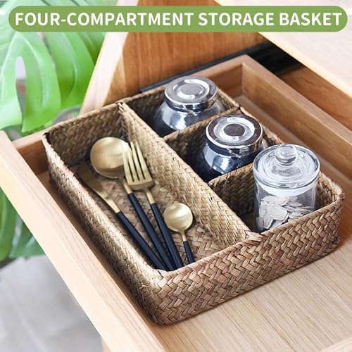 Nonam Large 4-Section Seagrass Tea Bag Organizer,Divided Basket,Brown
