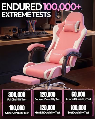 Dowinx Ergonomic Gaming Chair with Footrest & Massage Lumbar, 2D-Linkage Armrests for Computer Chair 330lbs with Headrest Pillow for Office, Home, Streaming and Long Gaming Sessions, Fabric Pink White