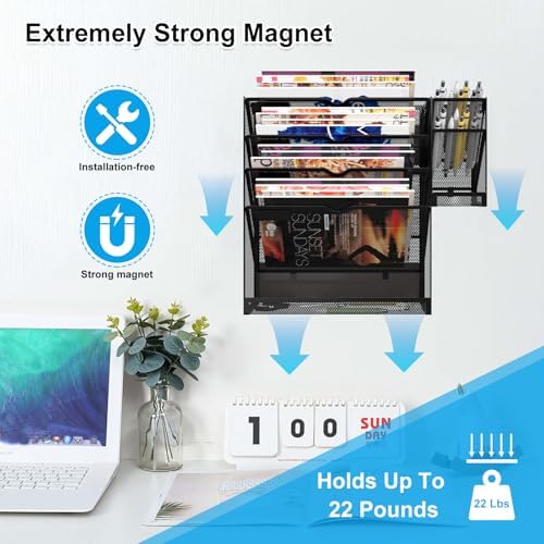 Magnetic File Holder, Magnetic File Organizer Wall Mount, 5 Tier Hanging Mail Organizer Folder Holder, Mesh Desk Accessories and Organizers, Paper Document Magazine Rack with 3 Pen Holder